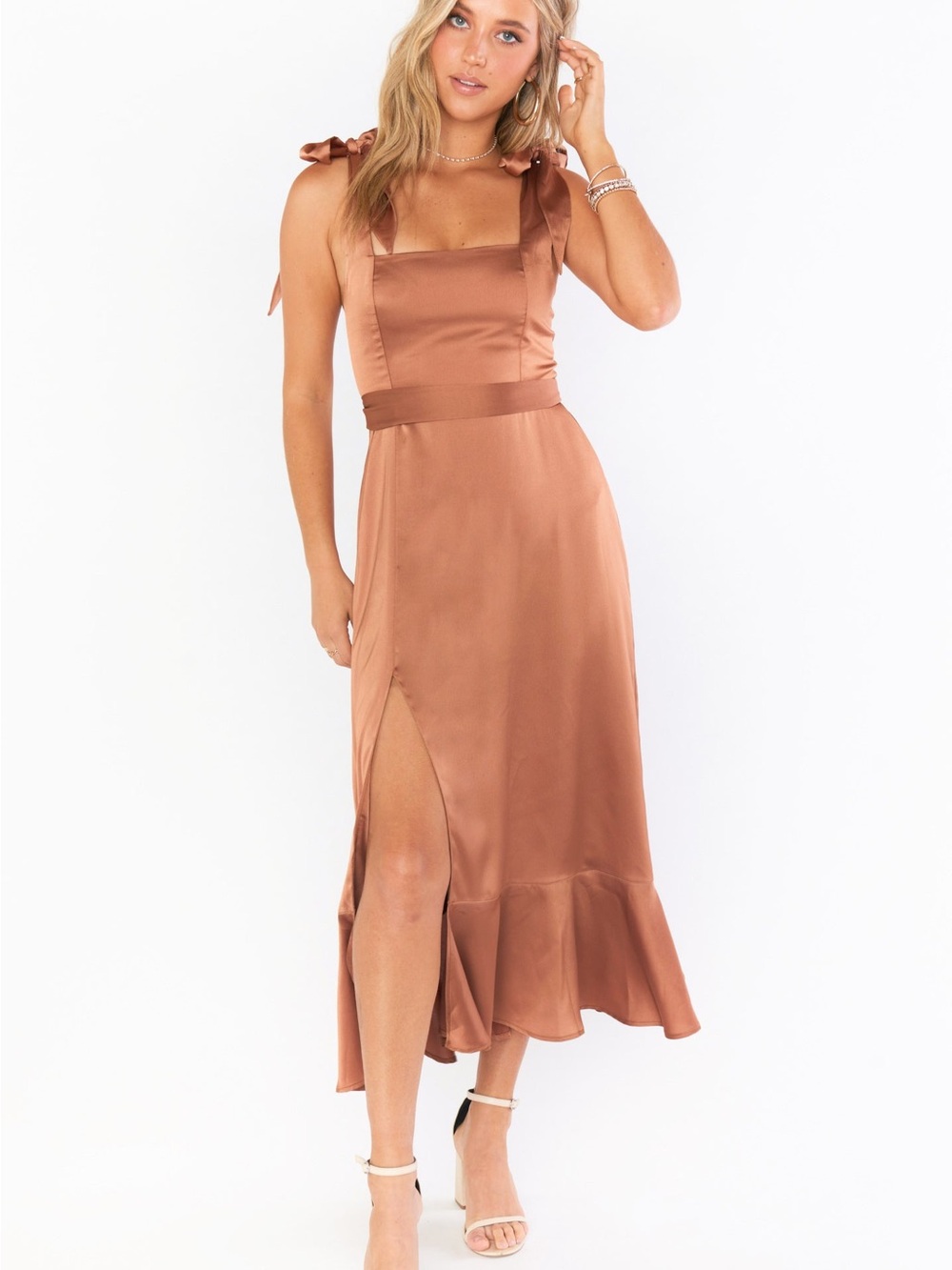 NWT Show Me Your MuMu Claire Midi Dress Copper Tie Waist Fit & Flare Size Small